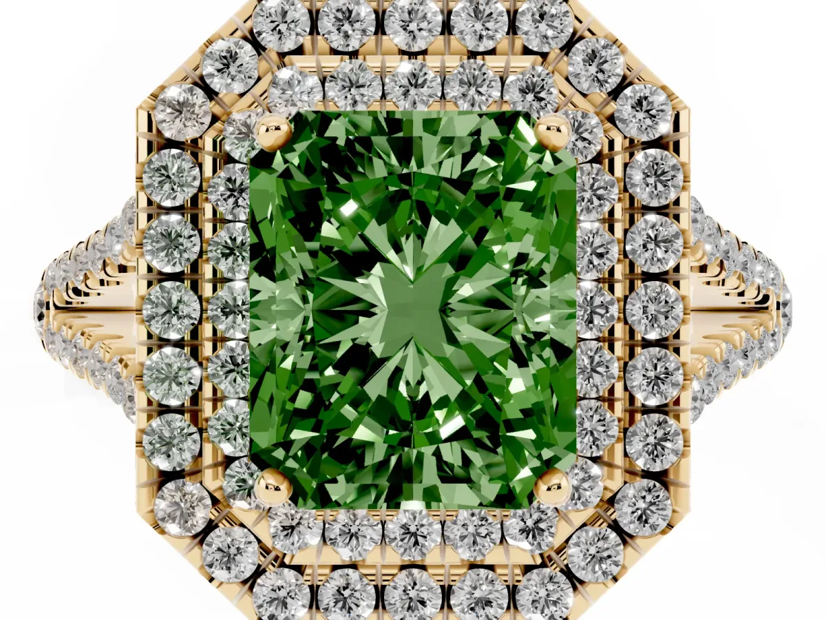 Fancy Green Radiant Cut Diamond Double Halo Ring with Pavé Band and Prong Setting Yellow gold