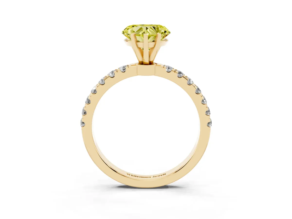 Fancy Yellow Heart Cut Diamond Solitaire Ring with Pavé Accents and Four-Prong Setting Yellow gold