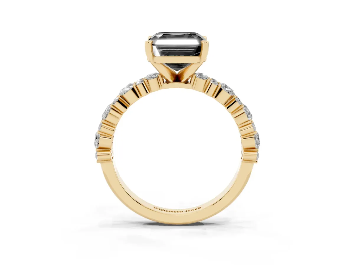 Fancy Black Asscher Cut Diamond Side Stone Solitaire Ring with Round and Four-Prong Setting Yellow gold