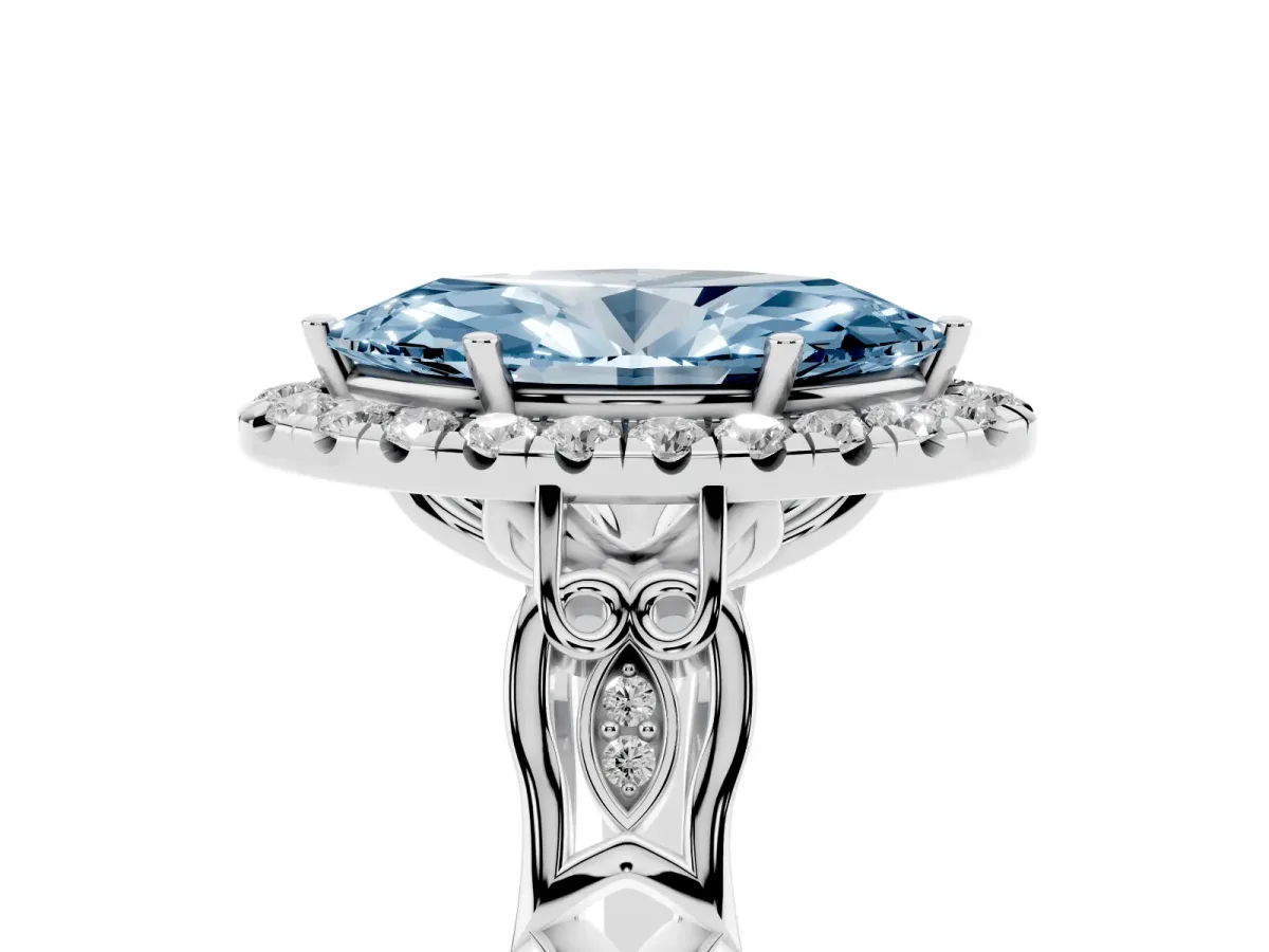 Fancy Blue Marquise Cut Halo Diamond Engagement Ring with Filigree Band and Four-Prong Setting Platinum