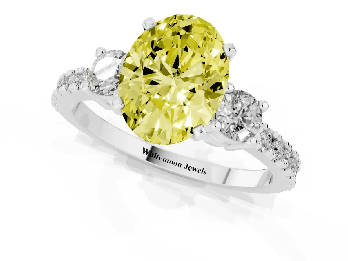 Fancy Yellow Oval Cut Three-Stone Diamond Pavé Band with Prong Setting Platinum