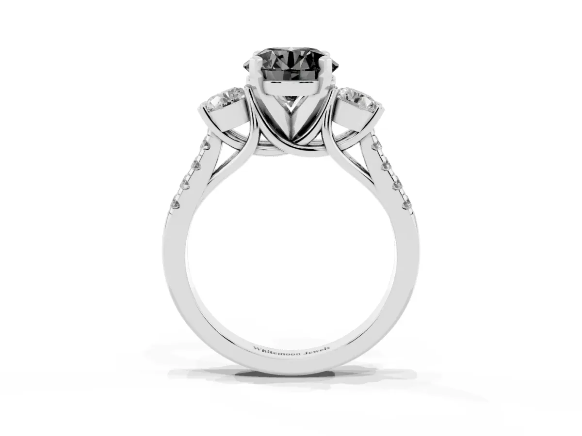 Fancy Black Three-Stone Round Cut Diamond Pavé Band with Four-Prong Setting Silver