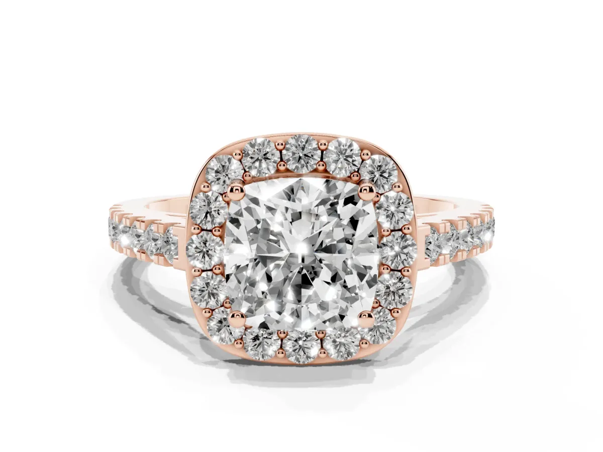 Cushion Cut Diamond Halo Ring with Round Pavé Split Shank and Prong Setting Rose gold
