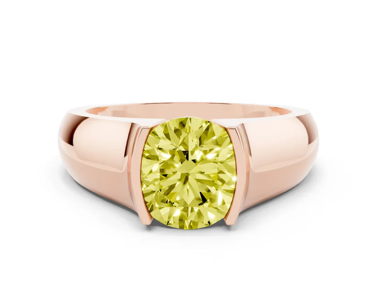 Fancy Yellow Round Cut Solitaire Bezel Set Diamond Ring with Wide Band Rose gold