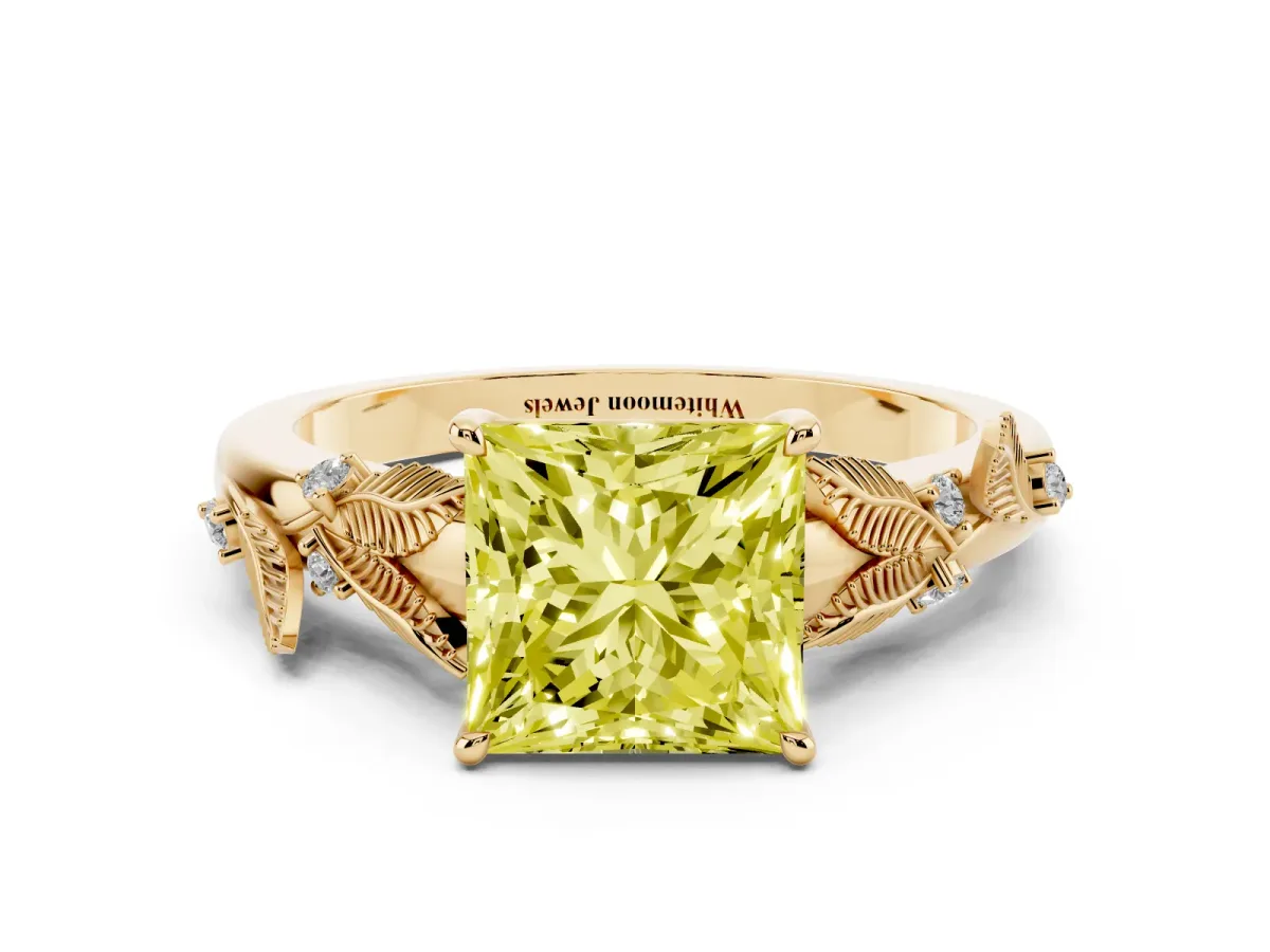 Fancy Yellow Princess Cut Diamond Solitaire Ring with Leaf Motif Band and Four-Prong Setting Yellow gold