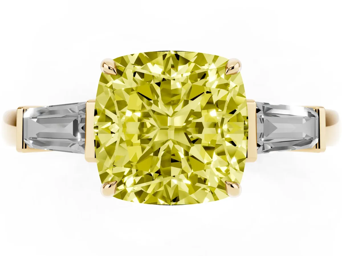 Fancy Yellow Cushion Cut Diamond Three-Stone Ring with Tapered Baguette Side Stones and Prong Setting Yellow gold