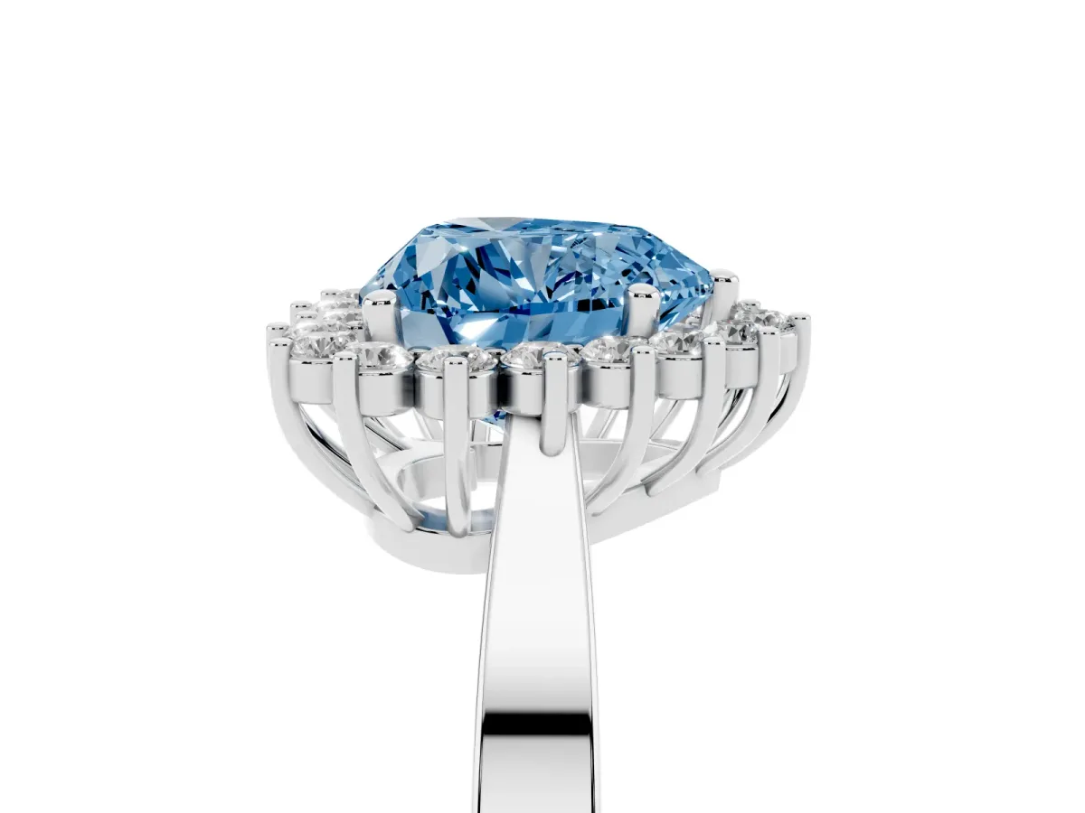 Fancy Blue Heart Cut Cut Diamond Halo Ring with Round Brilliant Halo and Solitaire Band White gold