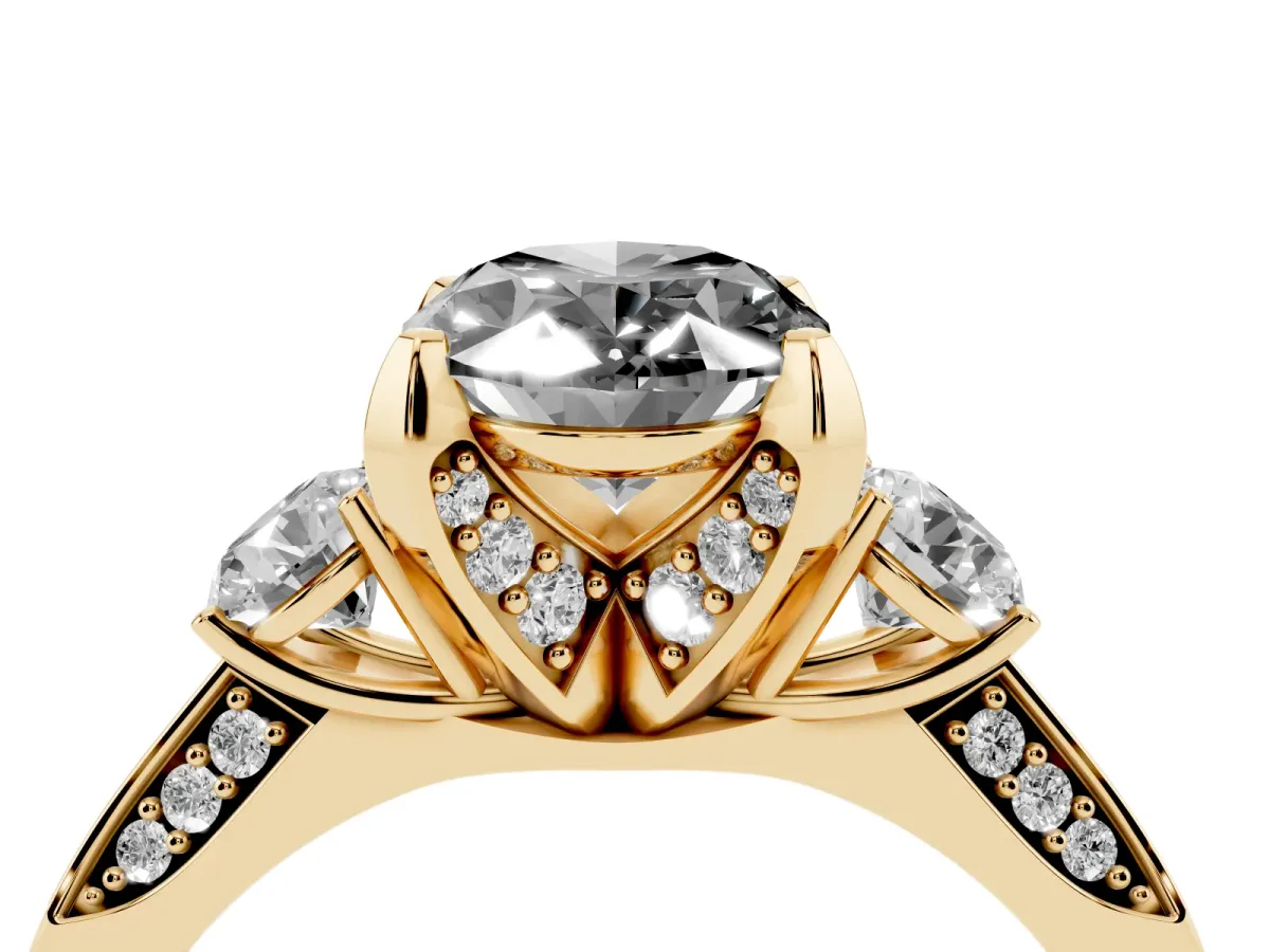 Fancy Black Oval Cut Brilliant Three-Stone Diamond Ring with Pavé Band and Four-Prong Setting Yellow gold