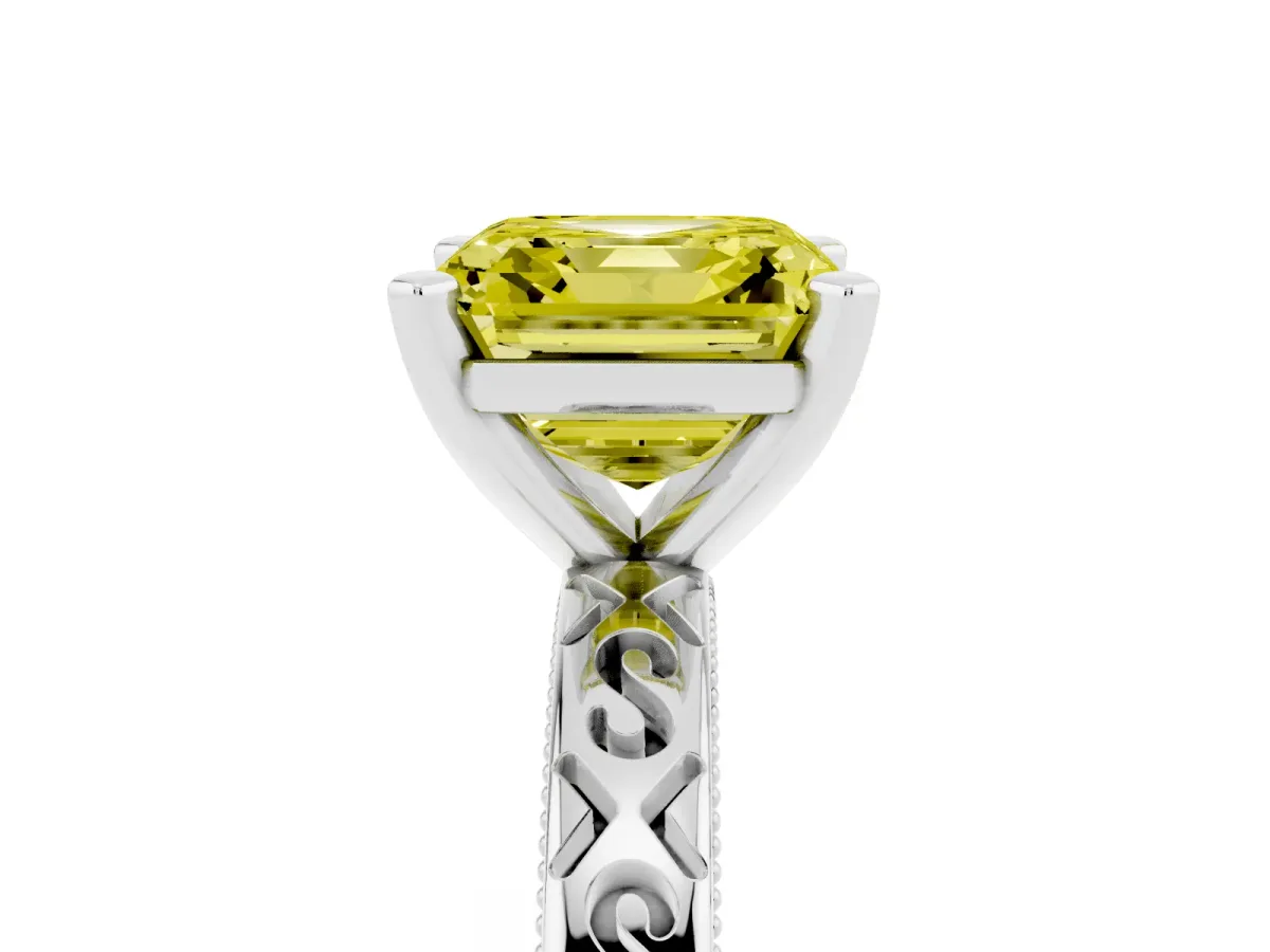 Fancy Yellow Asscher Cut Solitaire Engagement Ring with Scrollwork Band and Four-Prong Setting Silver
