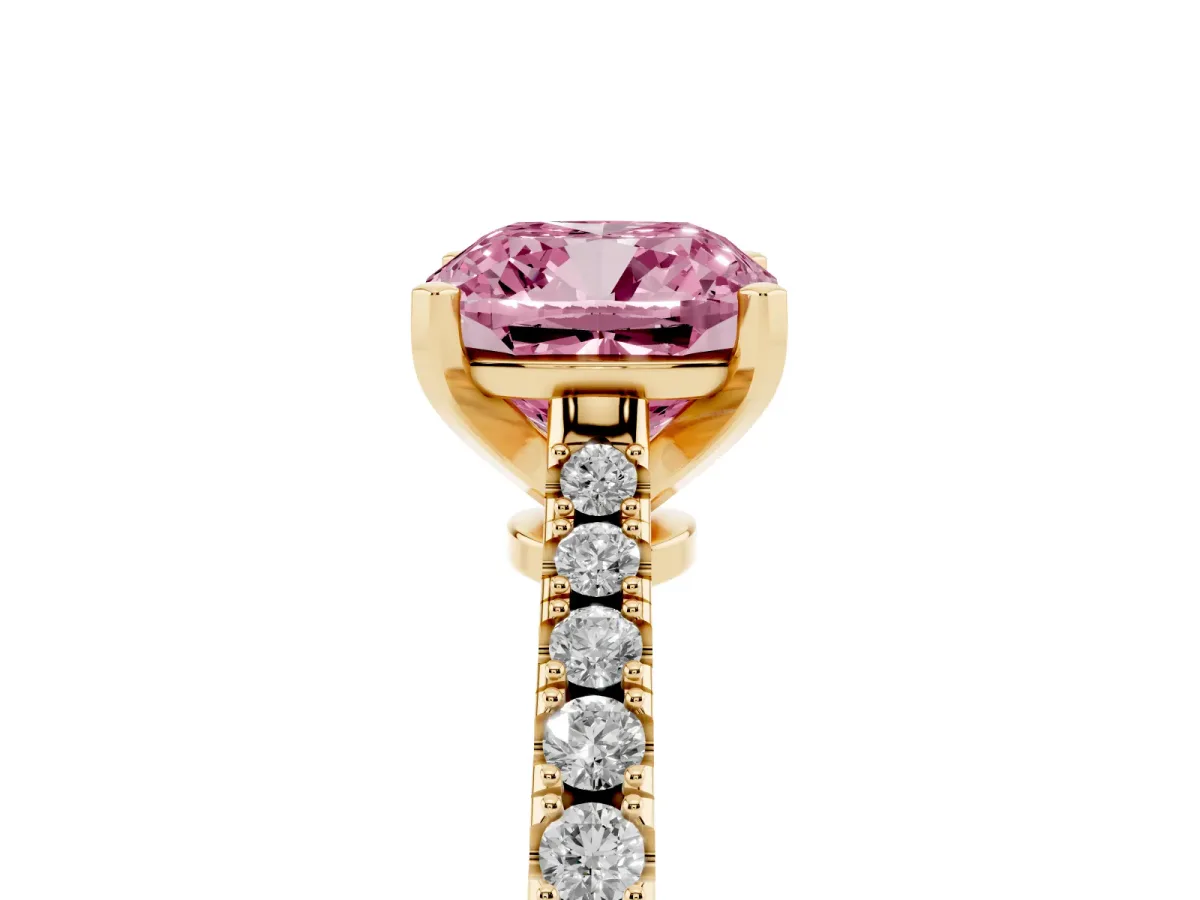 Fancy Pink Cushion Cut Cut Solitaire Diamond Engagement Ring with Pave Band and Four-Prong Setting Yellow gold