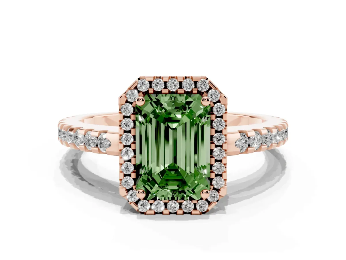 Fancy Green Emerald Cut Diamond Halo Engagement Ring with Pavé Band and Prong Setting Rose gold