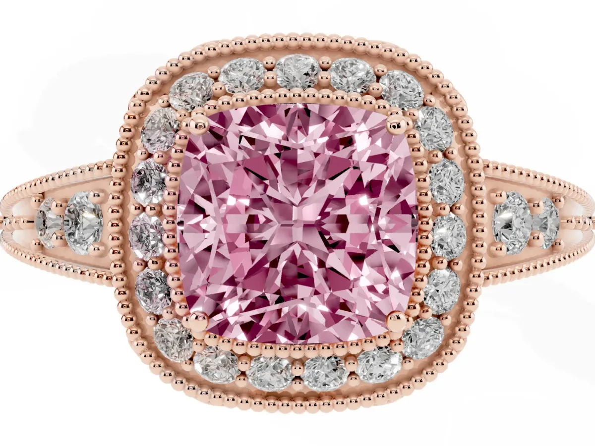 Fancy Pink Cushion Cut Halo Diamond Split Shank Ring with Milgrain Detail Rose gold