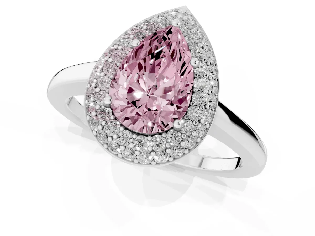 Fancy Pink Pear Cut Halo Diamond Engagement Ring with Solitaire Band and Four-Prong Setting White gold