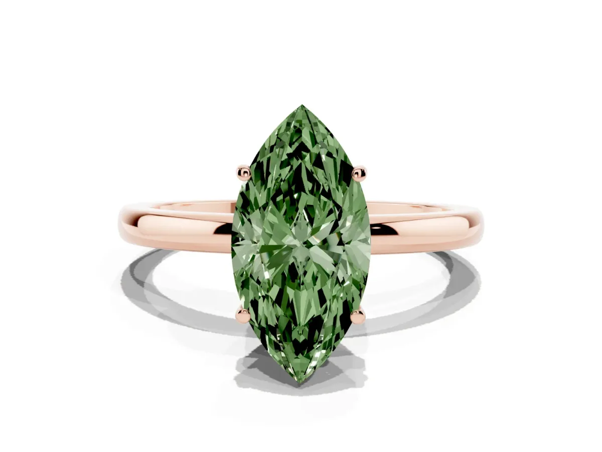 Fancy Green Marquise Cut Solitaire Diamond Ring with Prong Setting and Plain Band Rose gold