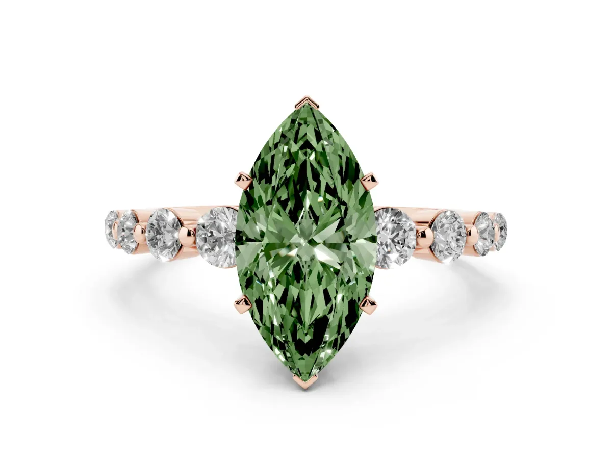Fancy Green Marquise Cut Solitaire Diamond Ring with Pave Band and Four-Prong Setting Rose gold