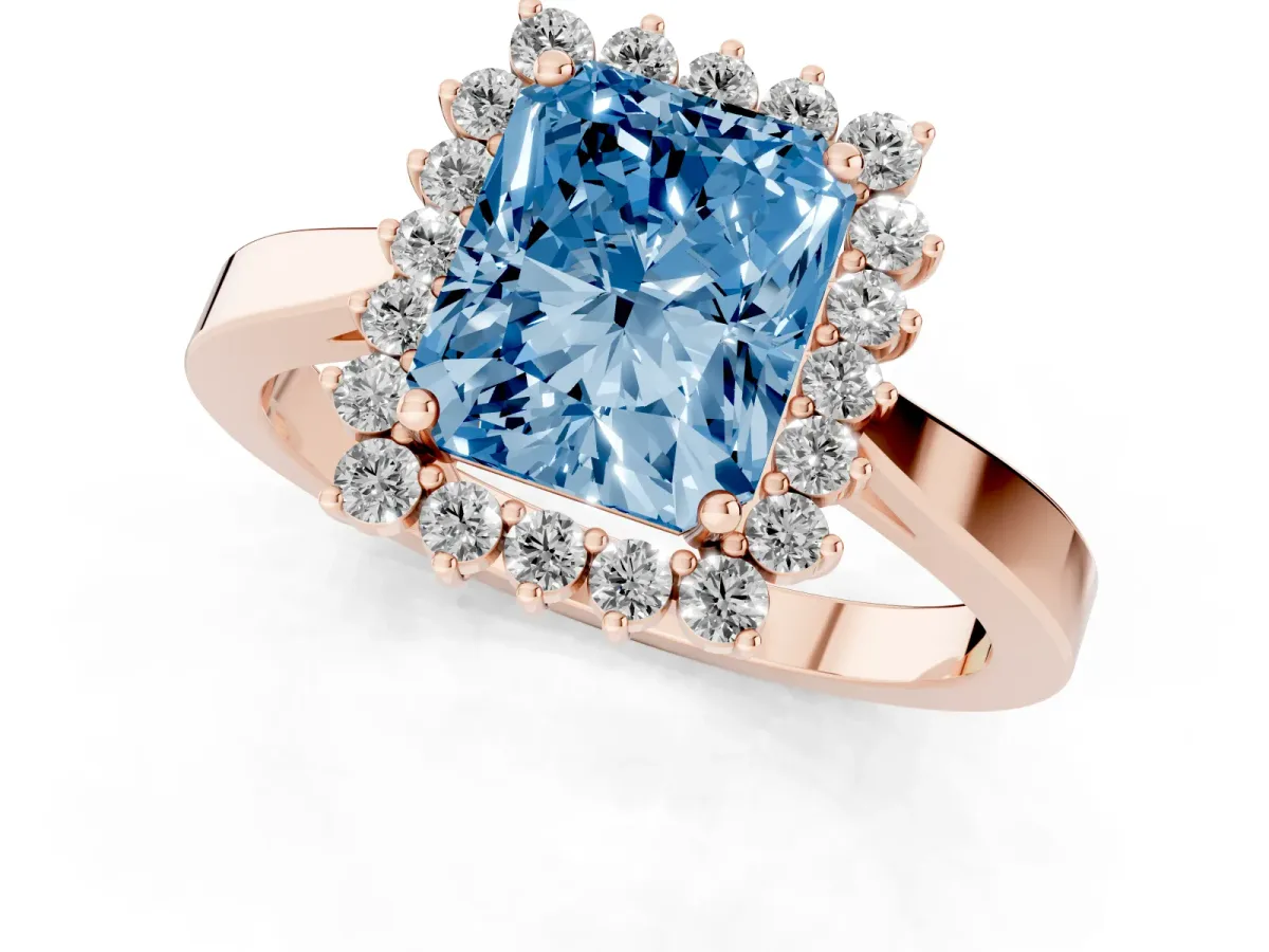 Fancy Blue Radiant Cut Cut Diamond Halo Ring with Round Brilliant Halo and Solitaire Band Rose gold