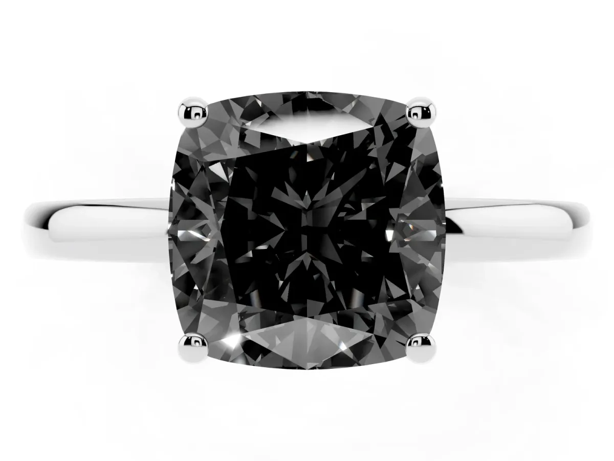 Fancy Black Cushion Cut Solitaire Diamond Ring with Prong Setting and Plain Band Platinum