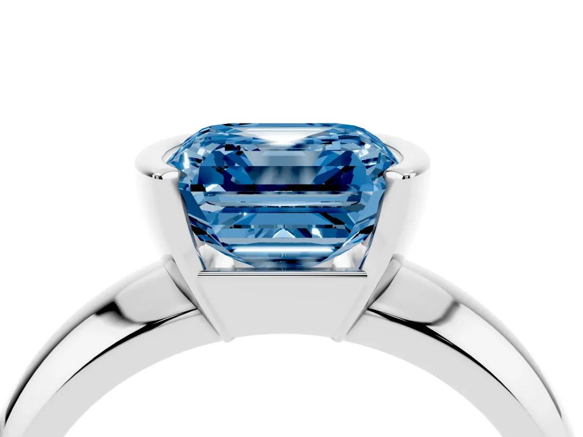 Fancy Blue Asscher Cut Solitaire Tension Set Diamond Ring with Wide Band White gold