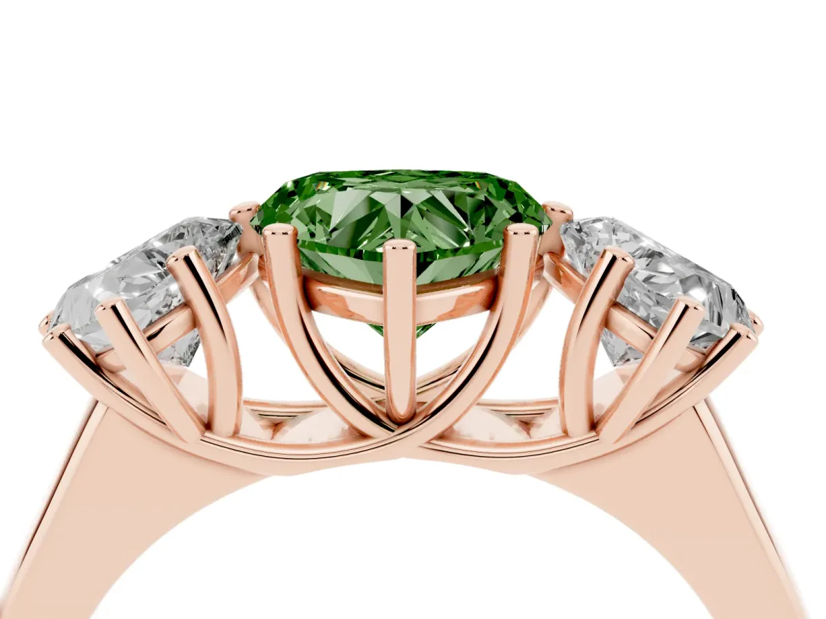 Fancy Green Heart Cut Three-Stone Diamond Ring with Prong Setting on a Classic Band Rose gold