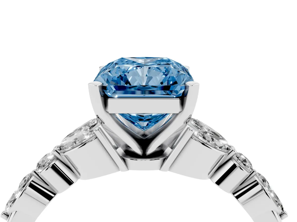 Fancy Blue Radiant Cut Diamond Solitaire Ring with Side Stones and Four-Prong Setting Platinum