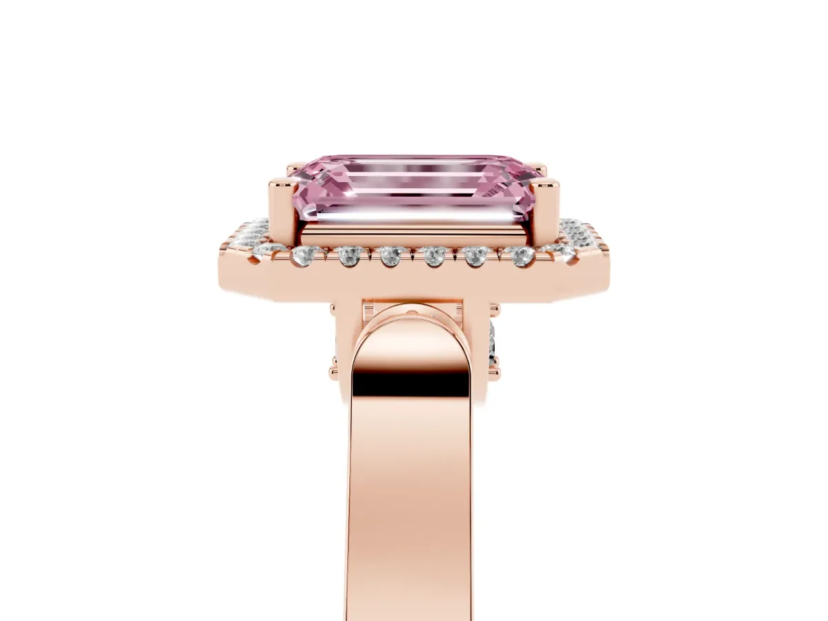 Fancy Pink Emerald Cut Halo Pave Split Shank Prong Setting Ring Rose gold