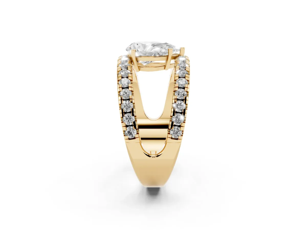 Pear Cut Solitaire Split Shank Pave Diamond Ring Yellow gold
