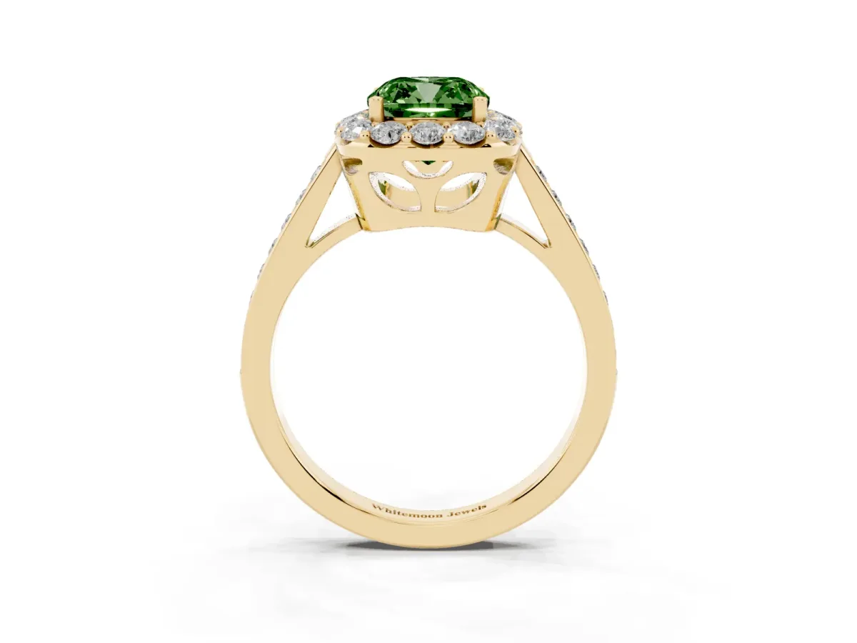 Fancy Green Cushion Cut Diamond Floral Halo Ring with Pavé Band and Prong Setting Yellow gold