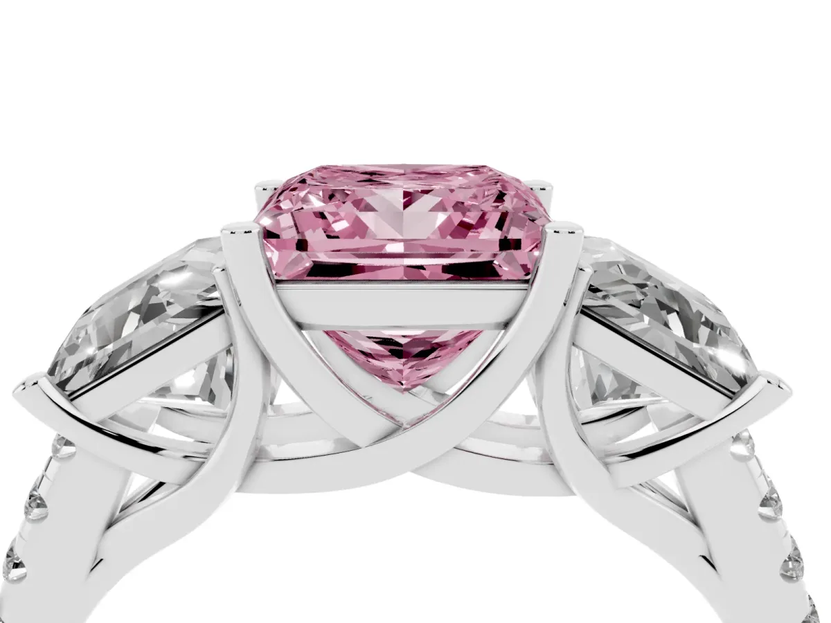 Fancy Pink Three-Stone Princess Cut Diamond Ring with Round Pavé Band and Prong Setting Silver