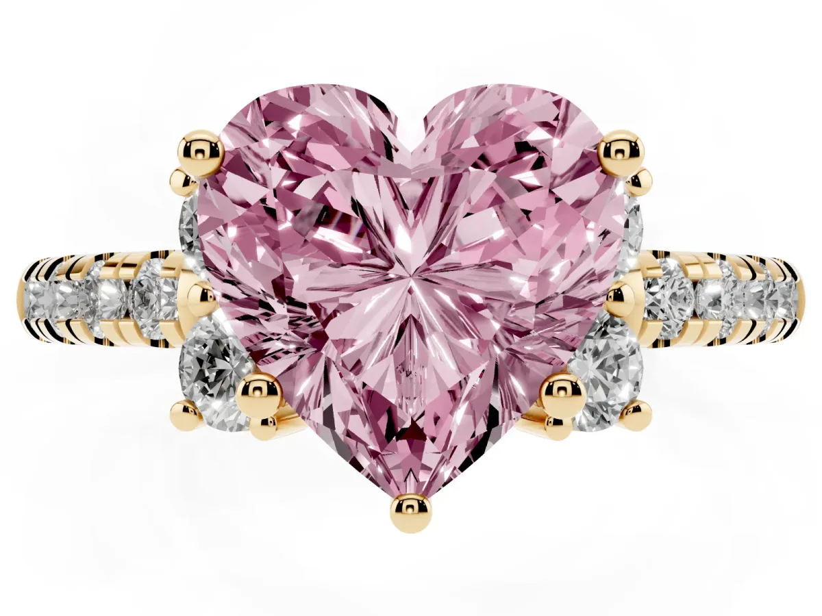 Fancy Pink Heart Cut Diamond Three-Stone Pave Band with Four-Prong Setting Yellow gold