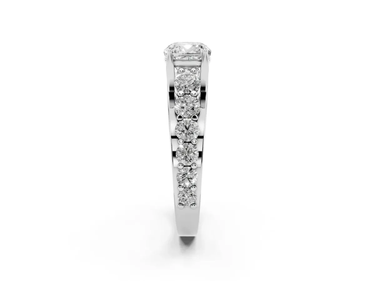 Cushion Cut Diamond Engagement Ring with Pavé Band and Four-Prong Setting Silver