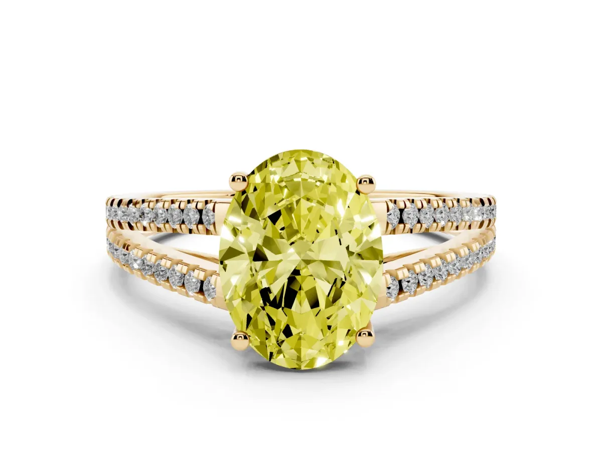 Fancy Yellow Oval Cut Diamond Solitaire Engagement Ring with Split Shank Pavé Band Yellow gold