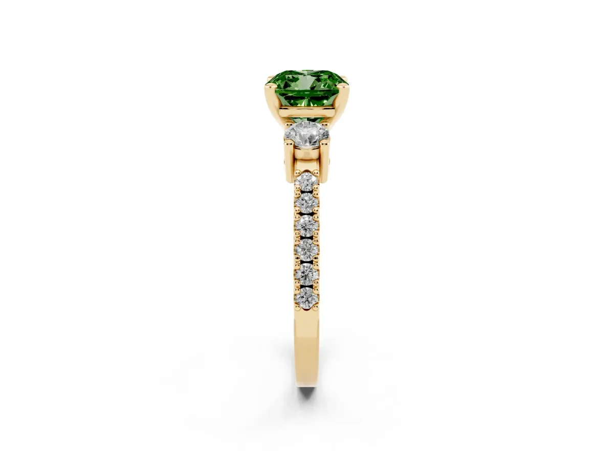 Fancy Green Cushion Cut Three-Stone Diamond Pavé Band with Prong Setting Yellow gold