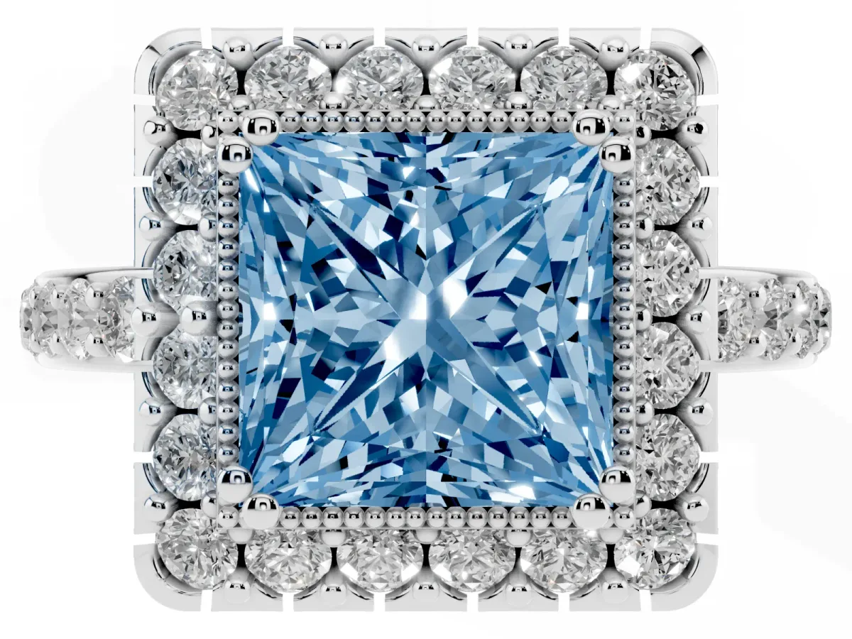 Fancy Blue Princess Cut Diamond Halo Ring with Pavé Band and Prong Setting White gold
