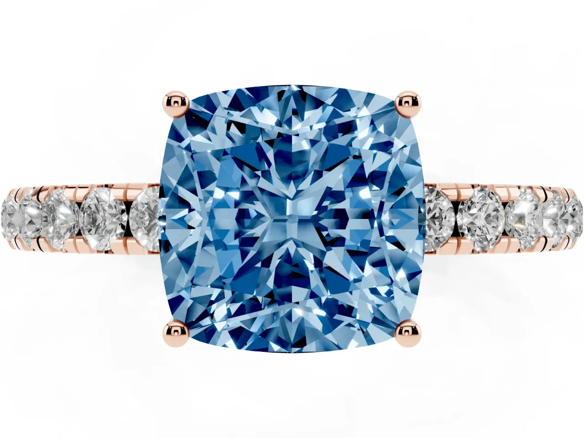 Fancy Blue Cushion Cut Diamond Pavé Solitaire Engagement Ring with Four-Prong Setting Rose gold