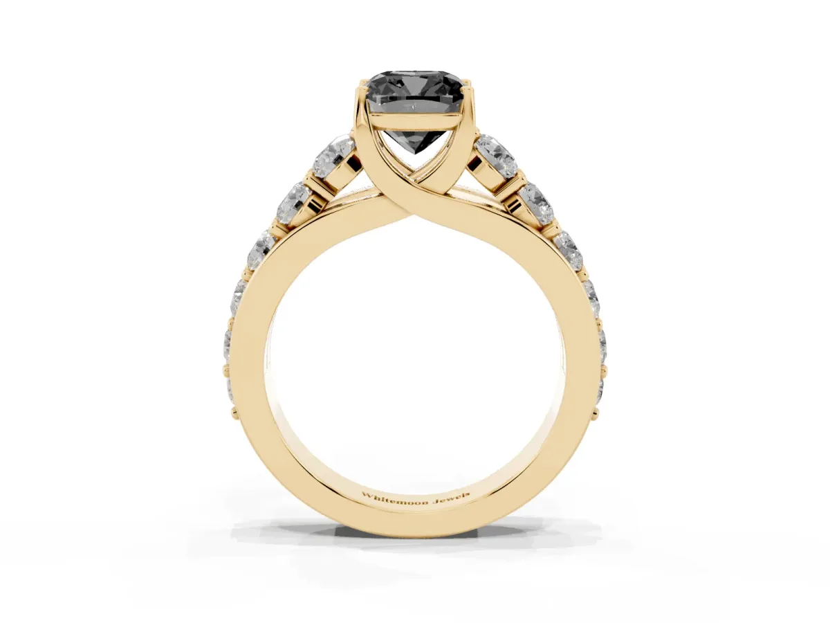 Fancy Black Cushion Cut Diamond Engagement Ring with Pavé Band and Four-Prong Setting Yellow gold