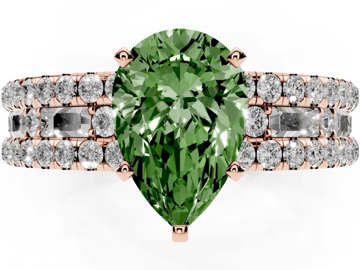 Fancy Green Pear Cut Diamond Solitaire Ring with Pavé and Channel Set Band Rose gold