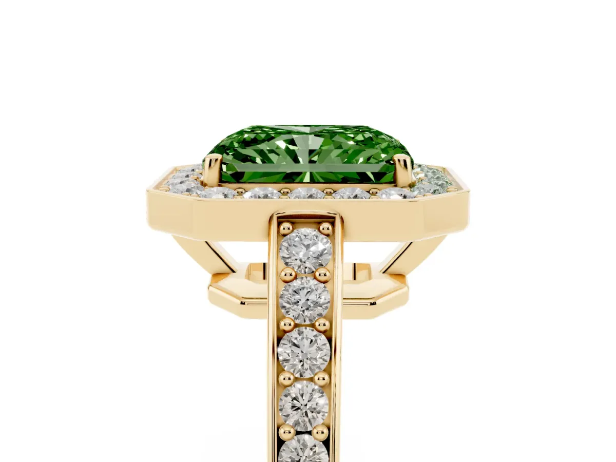 Fancy Green Radiant Cut Halo Pavé Diamond Engagement Ring with Bezel Setting Yellow gold