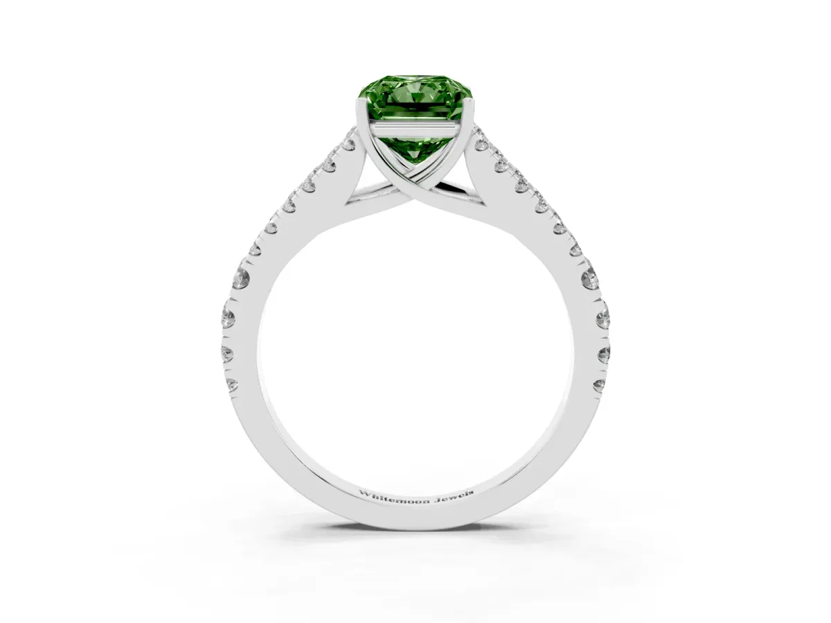 Fancy Green Radiant Cut Diamond Split Shank Engagement Ring with Round Pavé and Prong Setting Silver
