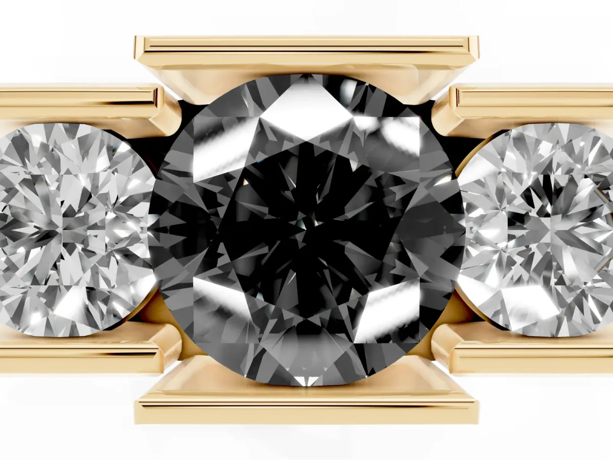 Fancy Black Three Stone Round Cut Cut Channel Set Diamond Ring Yellow gold
