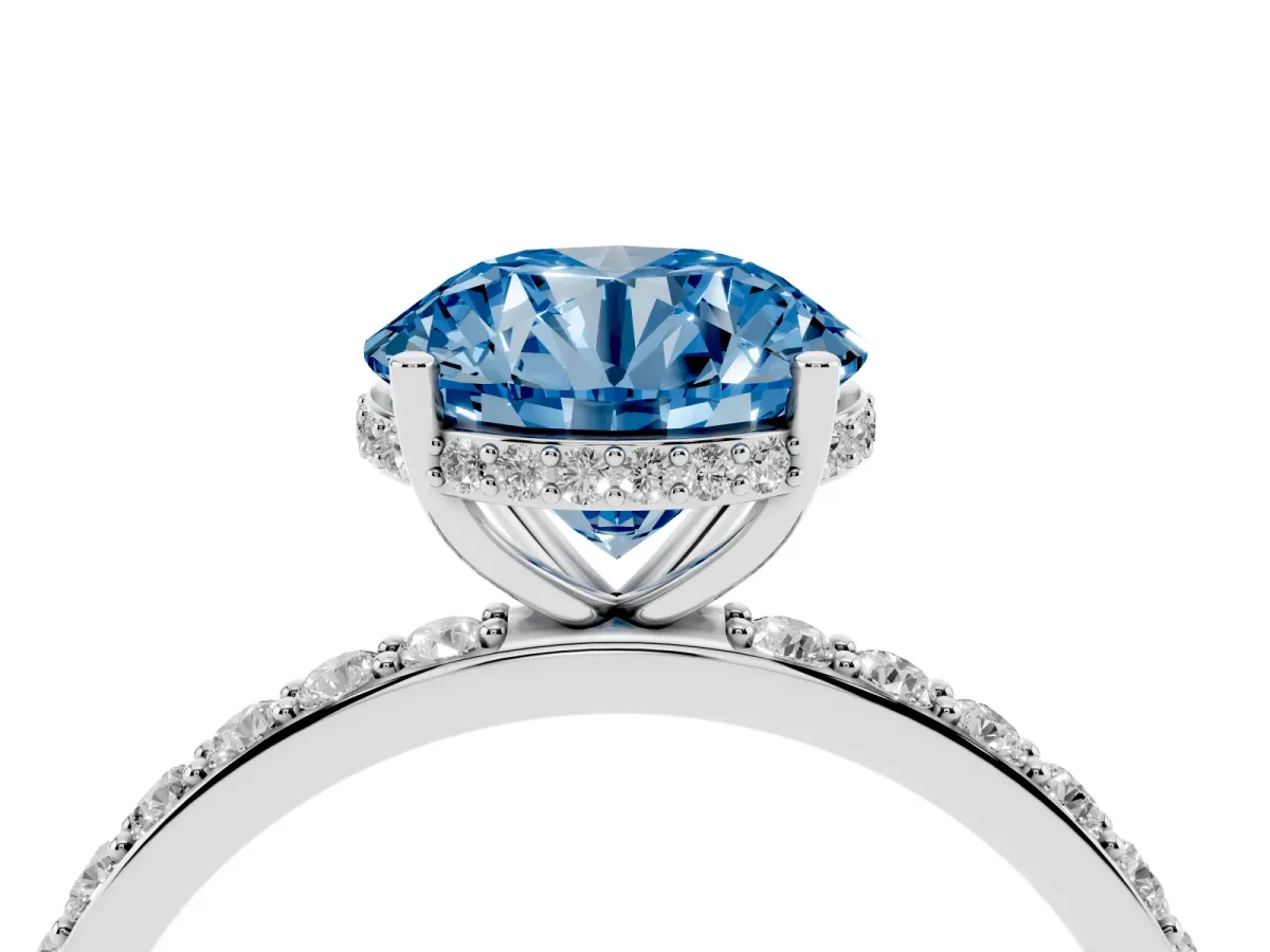 Fancy Blue Round Cut Diamond Solitaire Ring with Pavé Band and Hidden Halo Silver