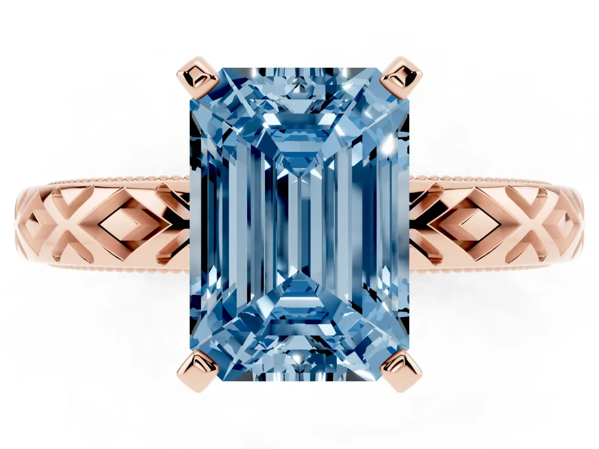 Fancy Blue Emerald Cut Solitaire Diamond Ring with Milgrain and Black Enamel X Pattern Band Rose gold