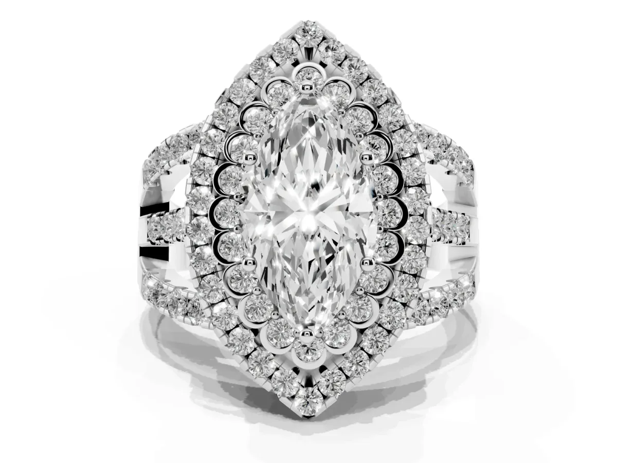 Marquise Cut Diamond Double Halo Ring with Round Pavé Split Shank and Prong Setting Silver
