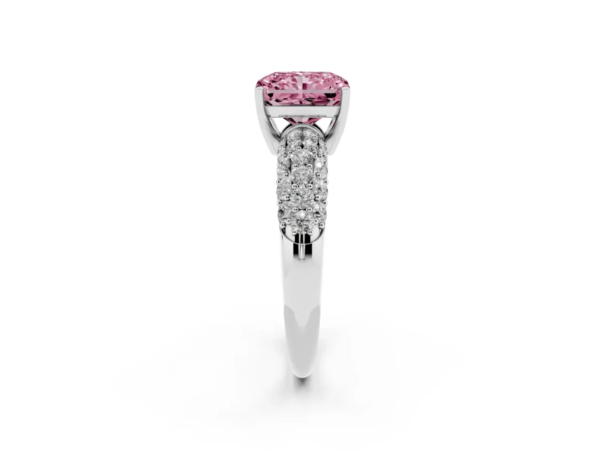 Fancy Pink Radiant Cut Diamond Pavé Band Solitaire Ring with Four-Prong Setting White gold