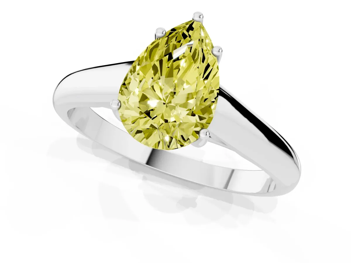 Fancy Yellow Pear Cut Solitaire Engagement Ring with Tapered Band and Four-Prong Setting Silver