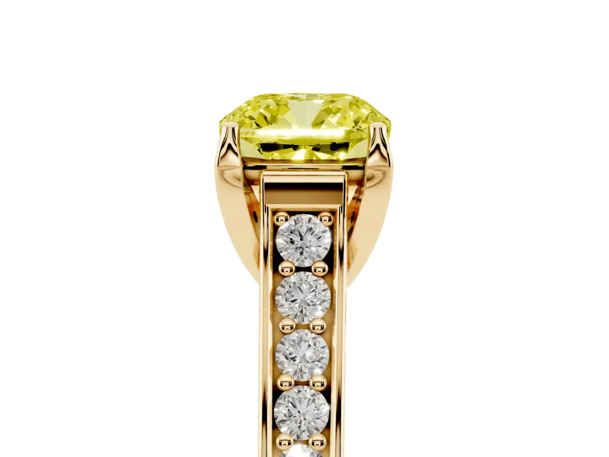 Fancy Yellow Cushion Cut Brilliant Cut Diamond Engagement Ring with Pavé Band and Four-Prong Setting Yellow gold