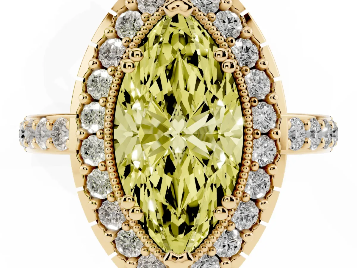 Fancy Yellow Marquise Cut Diamond Halo Ring with Pavé Band and Prong Setting Yellow gold