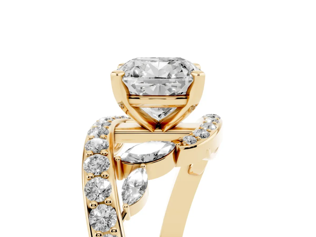 Cushion Cut Solitaire with Pavé Twist Band and Four-Prong Setting Yellow gold