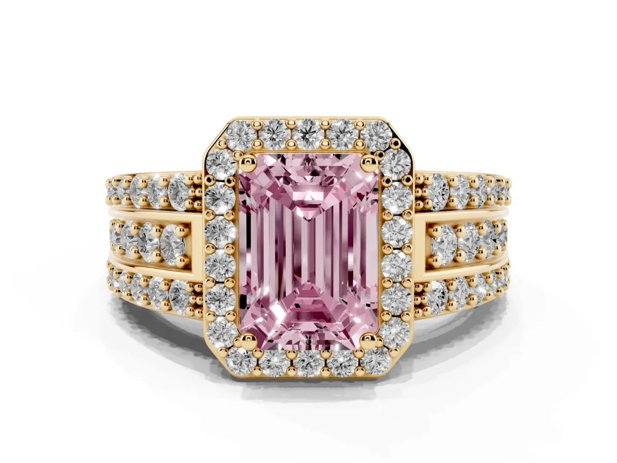 Fancy Pink Emerald Cut Halo Diamond Ring with Round Split Shank and Prong Setting Yellow gold