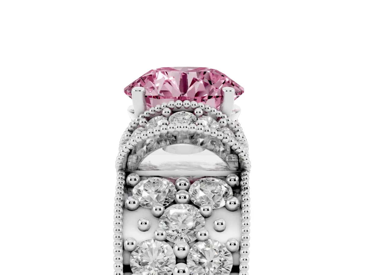 Fancy Pink Round Cut Halo Pave Diamond Engagement Ring with Milgrain Detailing Silver