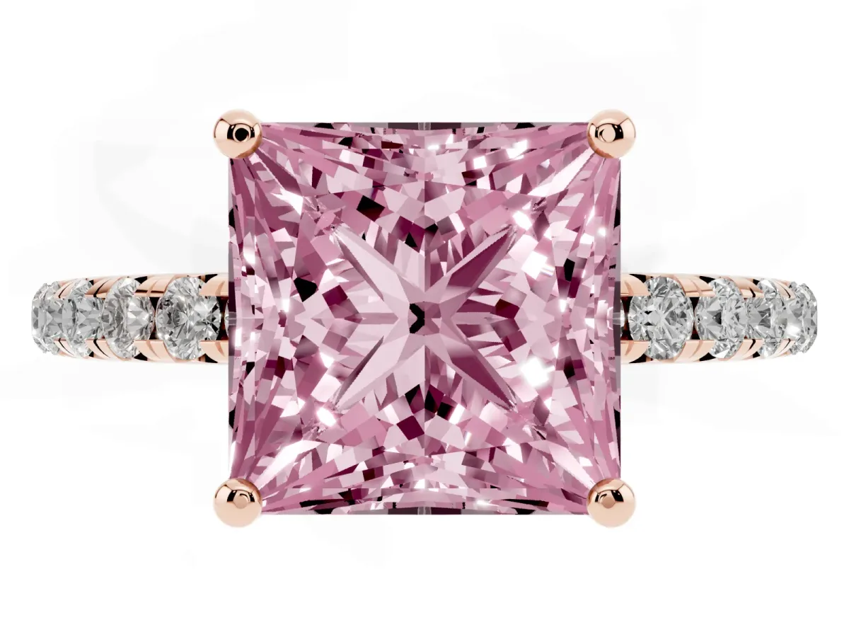 Fancy Pink Princess Cut Cut Diamond Solitaire Ring with Micro Pave Band and Four Prong Setting Rose gold